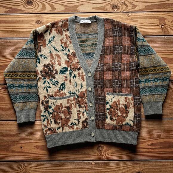Zara Oversized Slouchy Brown Floral Granny Sweater Cardigan Wool Blend sz Small - Picture 1 of 8